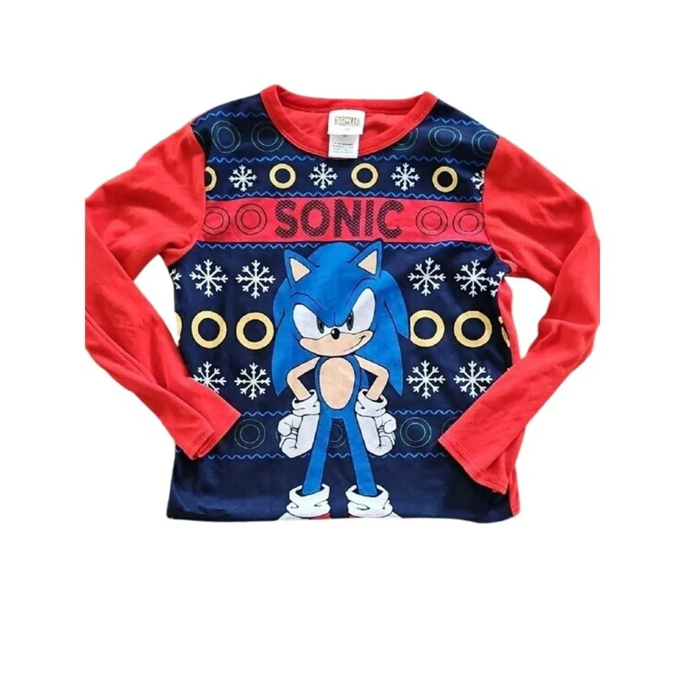 Sonic the Hedgehog Holiday Pajama Set Festive Gamer Sleepwear Size 10 Blue Red